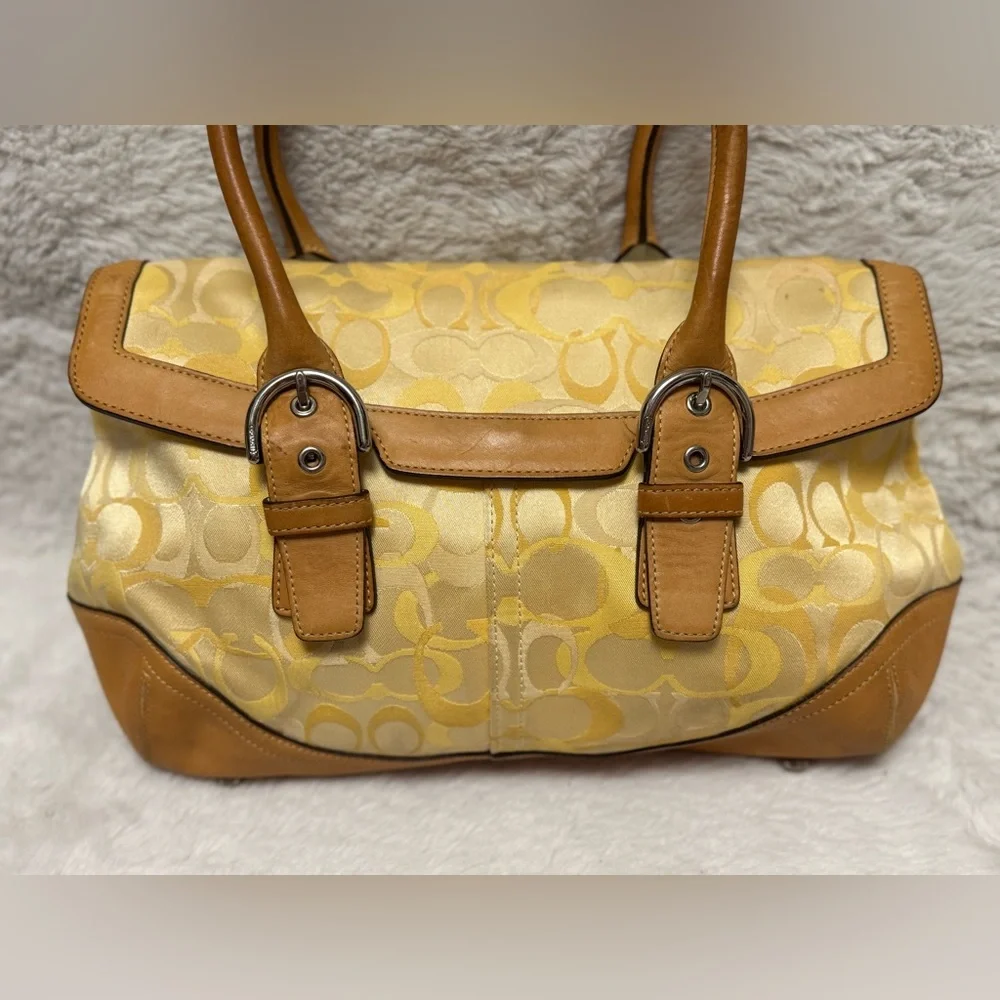 Coach Optic Signature Flap Satchel in Tan and Yellow Women's Bag - Picture 2 of 12